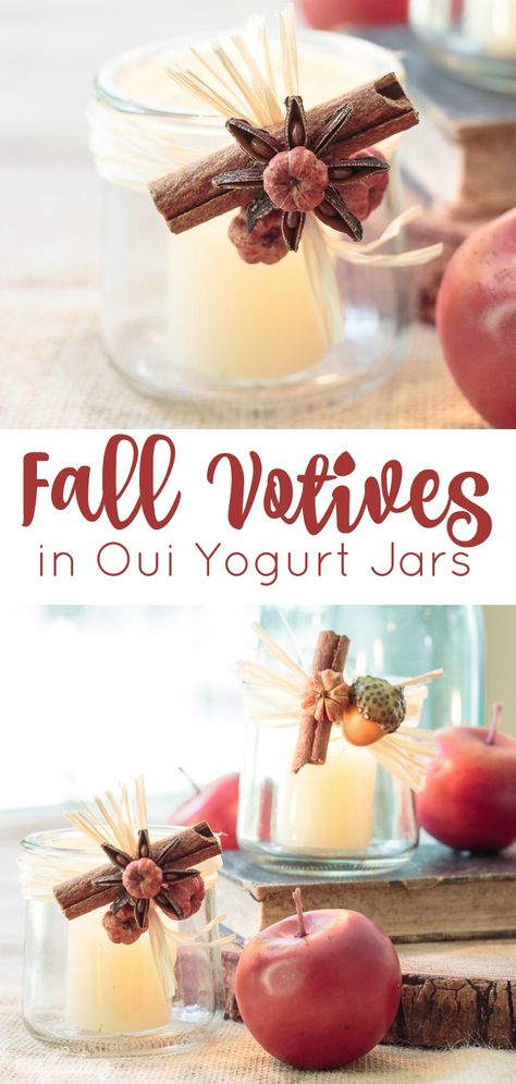 Dress up your home for fall with this glass yogurt jar craft. Gather natural materials from your yard, or use miniature pumpkins from the craft store, to create pretty seasonal tealight candle holders using recycled Oui yogurt jars. #falltablescape #ouiyogurt #ouiyogurtjars #fallcandles #falltablescapes #yogurtjarcrafts #glassjarcraft #glassjardecor #fallcraft #fallcrafts #tealightcandles #votivecandles #diycandles #diycandleholders Fall Oui Jar Crafts, Nounos Jars, Uses For Oui Yogurt Jars, Fall Votive Candle Holders, Oui Jars, Oui Yogurt, Yogurt Jars, Crafts With Glass Jars, Decorative Glass Jars