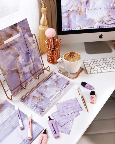 Pink And Purple Office Aesthetic, Purple Office Decor Ideas Work Spaces, Lilac Home Office, Pink And Purple Office, Purple Desk Aesthetic, Purple Office Aesthetic, Purple Aesthetic Desk, Stationary Room, Purple Office Ideas