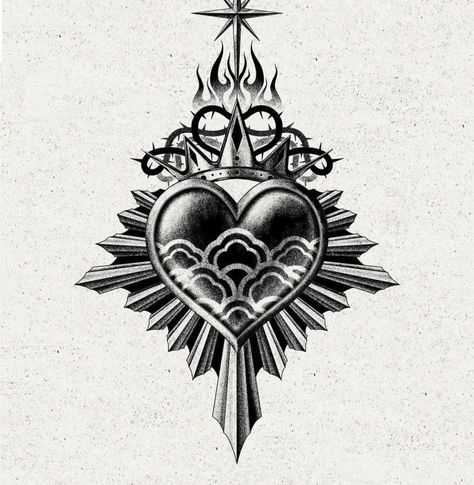 Old School Tattoo Sleeve, Family Quotes Tattoos, Sacred Heart Art, Sacred Heart Tattoos, Tattoo Outline, Cross Tattoo, Old School Tattoo, Chest Tattoo, Tattoo Idea