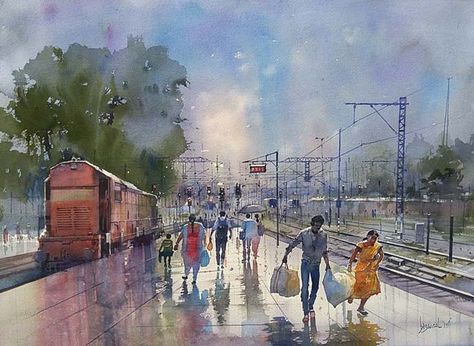 The Ticket Examiner Who Paints Beautiful Images Of The Indian Railways - Bijay Biswaal Indian Images, Art Mini Toile, Composition Drawing, Composition Painting, Human Figure Sketches, Street Painting, Italian Landscape, Watercolor Landscape Paintings, Indian Paintings