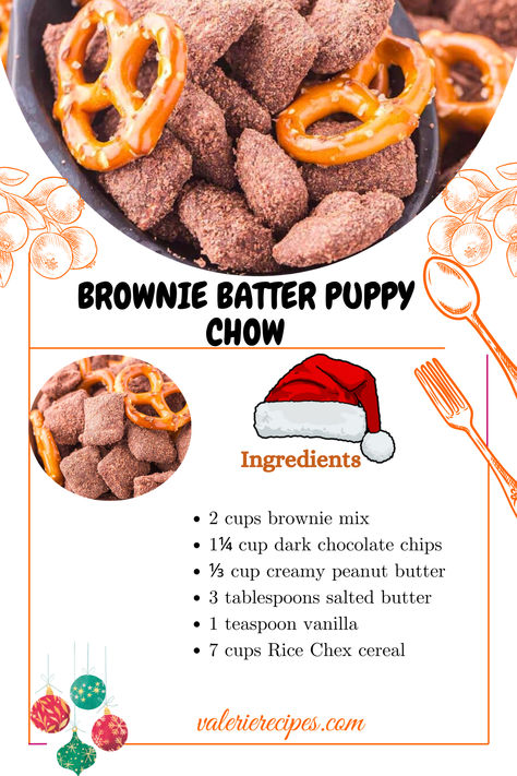 Imagine a snack that combines the rich, indulgent flavors of brownies with the satisfying crunch of Chex cereal. That’s exactly what you get with Brownie Batter Puppy Chow. This delightful treat is a perfect blend of chocolate and peanut butter, coated over crispy cereal, creating a snack that’s not only delicious but also visually appealing. Brownie Puppy Chow, Brownie Batter Puppy Chow, Thanksgiving Puppy Chow, Chex Puppy Chow Recipe, Flavored Pretzels, Puppy Chow Ingredients, Sweet Snacks Easy, Puppy Chow Chex Mix Recipe, Chex Mix Puppy Chow