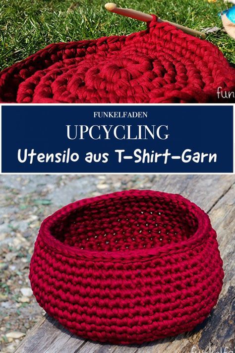 DIY Kostenlose Häkelanleitung - Utensilo aus T-Shirt-Garn häkeln › Anleitungen, Do it yourself, Material › Anleitung, DIY, Häkeln, Utensilo Diy Pom Pom, Crochet T Shirts, Bag Pattern Free, Crochet Tools, Wallpaper Tumblr, Crochet Diy, Upcycle Projects, T Shirt Yarn, Tutorial Diy