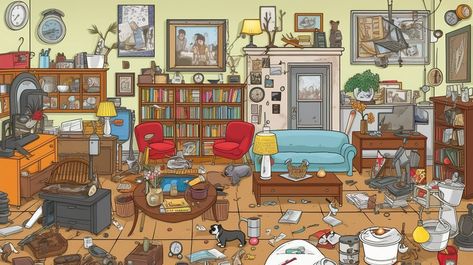 Messy Room Illustration, Room Illustration Art, Puzzle Room, Room Illustration, Parlor Room, Blurred Lights, Messy Room, Living Room Background, Thankful And Blessed