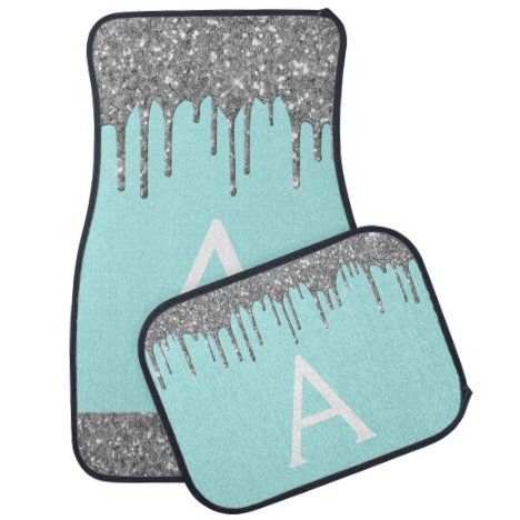 Silver Teal Aqua Glitter Sparkle Monogram Car Floor Mat Girly Design, Car Floor Mat, Cute Car Accessories, Car Seat Cover Sets, Cute Cars, Car Mats, Car Floor Mats, Black Glitter, Floor Mat