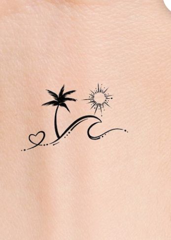 Matching Sunset Tattoos, Island Life Tattoo Ideas, Beach Travel Tattoo, Beach Couple Tattoos, Mexico Tattoo Ideas For Women, Matching Hawaiian Tattoos, Surf Tattoos For Women, Flip Flop Tattoos For Women, Beach Ankle Tattoo