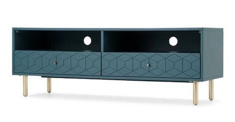 Hedra Brass and Teal TV Stand, £349 from Made.com UK affiliate partner Art Deco Tv Stand, Art Deco Tv, Teal Table Lamps, Comfy Corner Sofa, Deco Tv, Teal Living Rooms, Real Wood Furniture, Teal Cushions, Media Unit