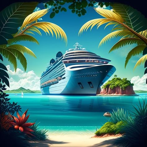 Cruise Background, Ship In The Ocean, Boat Cartoon, Yacht Boat, In The Ocean, Cartoon Style, A Cartoon, Cruise Ship, Premium Photo