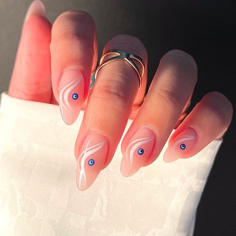 Pink Nails With Evil Eye, Hamsa Nails, Evil Eyes Nail, Eyes Nail Art, Evil Eye Nails, Eye Nail Art, Hippie Nails, Romantic Nails, Happy Nails