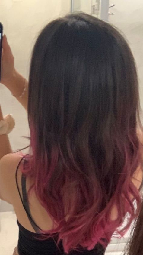 Dark Hair Dyed Pink, Black To Magenta Ombre Hair, Magenta Tips Hair, Pink Tips Hair Black, Colored Tips Hair Brunette, Dark Pink Dyed Hair, Pink Ends Hair Black, Dark Brown Hair With Pink Tips, Brown And Magenta Hair