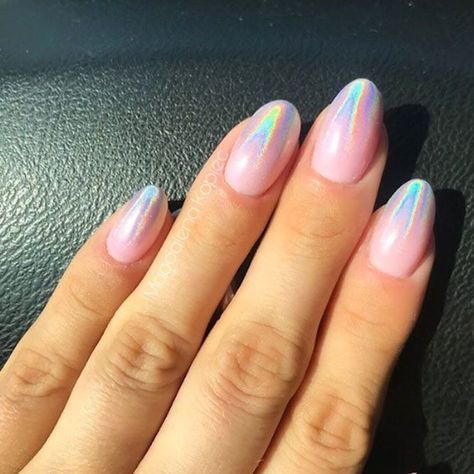 Opal Ombre Nails, Pink Holographic French Tip Nails, Ombre Holo Nails, Short Holo Nails, Different Hand Nails, Holo Nails Designs, Holo Nail Art, Holo Ombre Nails, Mermaid Ombre Nails