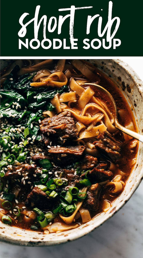 Instant Pot Spicy Short Rib Noodle Soup! We're making a stop in Noodle Town! This noodle-y wonder is packed with tender short ribs, bright sautéed spinach, sesame seeds, and gingery broth, and noodles upon noodles. #shortribs #noodlesoup #instantpot Broth And Noodles, Oven Roasted Mushrooms, Pinch Of Yum, Pot Noodle, Noodle Soup Recipe, Beef Noodle Soup, Short Rib, Roasted Mushrooms, Sauteed Spinach