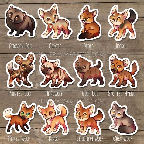 ✧ Nickol Martin ✧ on Instagram: “⭐️Wild dogs + hyenas - sticker set up at shinepaw.com⭐️ Which one do you like the best? 😄💖 Here is another sticker set finally, I like how…” Ethiopian Wolf, Spotted Hyena, Cute Dog Drawing, Maned Wolf, Painted Dog, Wild Dog, African Wild Dog, Warrior Cats Art, Cute Animal Drawings Kawaii