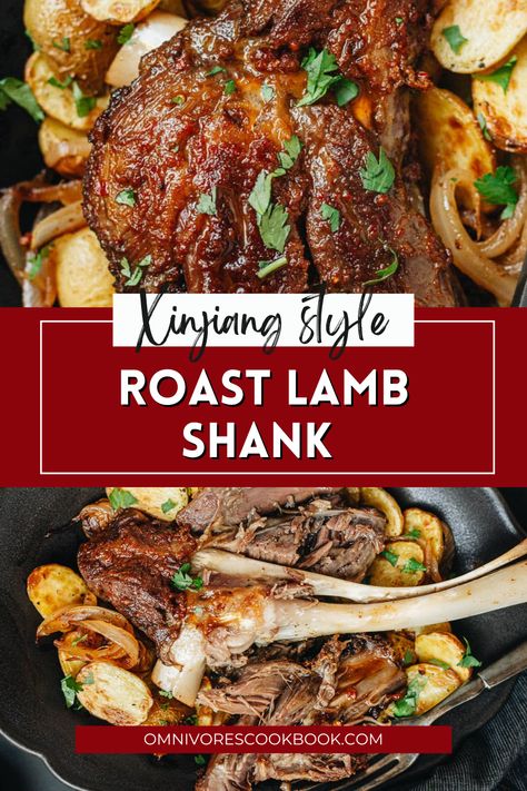 Try this Fall-off-the-bone Roast Lamb Shank recipe! This Xinjiang style roast lamb shank is fall-off-the-bone delicious! A gourmet meal that is easy to prepare and cook, and a perfect dish for a weekend family dinner or holiday celebration. Roast Lamb Shank Recipe, Roasted Lamb Shanks, Slow Roasted Lamb, Lamb Shank Recipe, Slow Roast Lamb, Roasted Lamb, Lamb Shank, Roast Lamb, Seasonal Vegetables