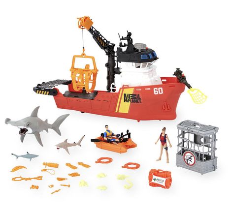 Animal Planet Deep Sea Shark Research Playset Box with Animal Planet toy set with boat and hammered shark “It's shark time adventure” Animal Planet Toys, Shark Research, Planet Toys, Deep Sea Sharks, Armadura Ninja, Pokemon Room, Sea Shark, Sea Explorer, Shark Toy