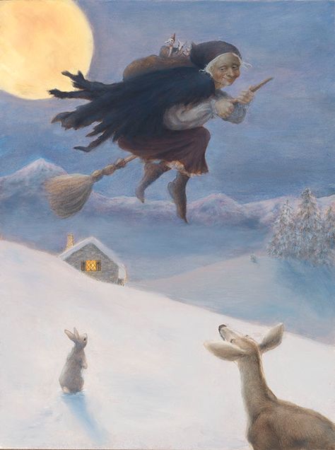 Original illustrations by Lauren Mills | R. MICHELSON GALLERIES Birthday Witch, Lady Lovely Locks, Witch Characters, January 5th, Folk Tales, Winter Solstice, Fine Art Gallery, Yule, Original Oil