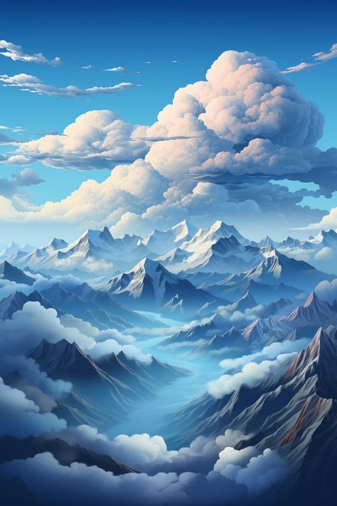 Beautiful mountain range clouds, rolling over them art, dominant teal and blue hues. Cute Digital Art, Mountain Clouds, Digital Art Software, Mountain Background, Scene Drawing, Graphisches Design, Church Poster Design, Mountain Wallpaper, Cool Backgrounds Wallpapers