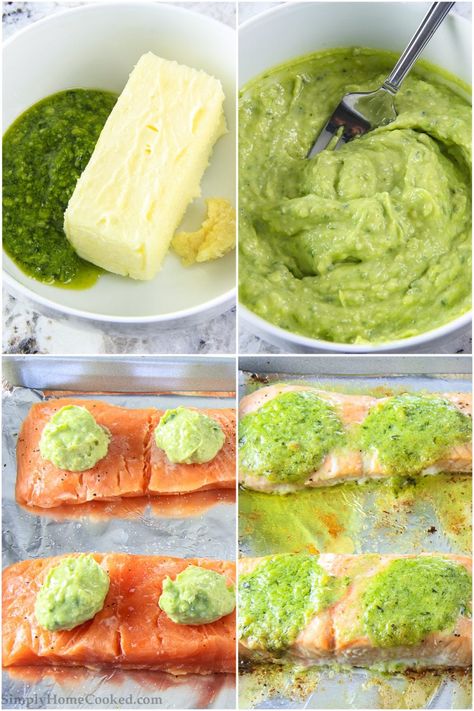 Butter Pesto Salmon, Salmon Milano With Basil Pesto Butter, Pesto Salmon Recipes, Pesto Butter Salmon, Pesto Salmon Recipe, Pesto Butter, Barbie Foods, Plant Butter, Quick Salmon