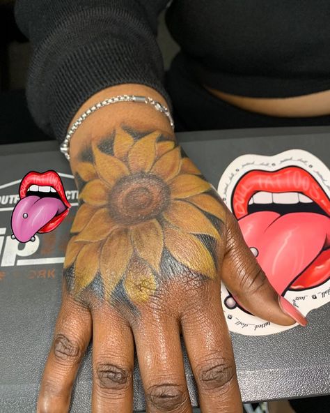 Sunflower Tattoo Dark Skin, Sunflower Neck Tattoos Women, Sunflower Hand Tattoos For Women, Sunflower Tattoo On Hand, Sunflower Hand Tattoo, Apple Pay Cash, Sunflower Tattoo Thigh, Taking Appointments, Sunflower Tattoo Sleeve