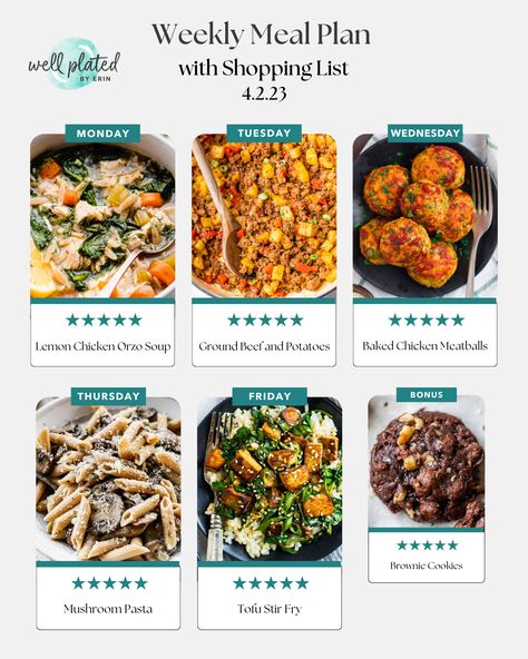 Weekly Meal Plan 4.2.23 Free Healthy Meal Plans, Themed Weekly Meal Plan, Weekly Meal Plan Under $50, Sample Weekly Meal Plan Families, Meal Plan For The Week, Baked Chicken Meatballs, Free Weekly Meal Plan, Healthy Weekly Meal Plan, Well Plated