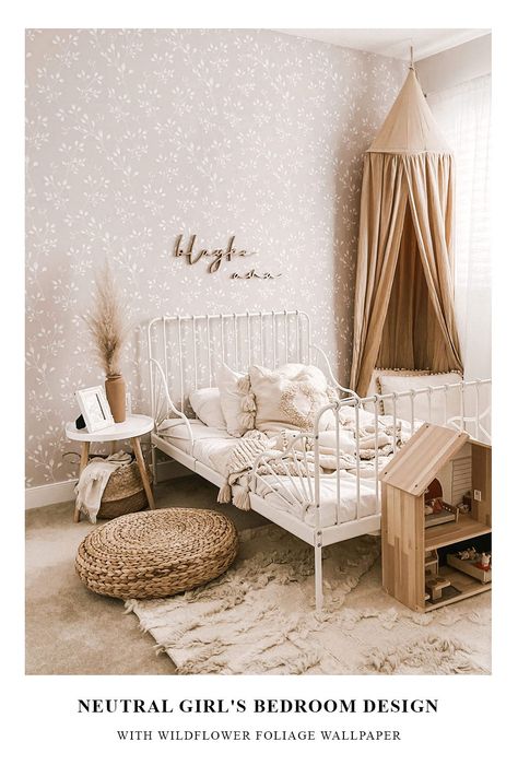 Neutrals never go out of style and this cute girl’s bedroom interior proves it. Neutral colors and interior elements have always been one of our favourite styles as you can easily get creative and play with the interior to achieve so many different moods of the room. Neutral Kids Bedroom, Foliage Wallpaper, Girl Nursery Wallpaper, Girls Bedroom Wallpaper, Bedroom Neutral, Girls Room Wallpaper, Wallpaper For Bedroom, Toddler Bedroom Girl, Interior Elements