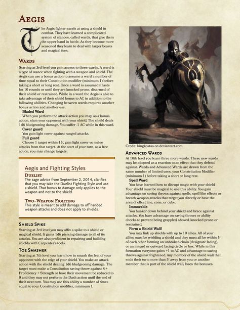 Aegis: DnD 5e Homebrew Fighter Archetype, Homebrew Classes, Dnd Homebrew, D D Classes, D D Character Ideas, Dnd Classes, Dnd Races, Dungeons And Dragons 5e, Dungeons And Dragons Classes