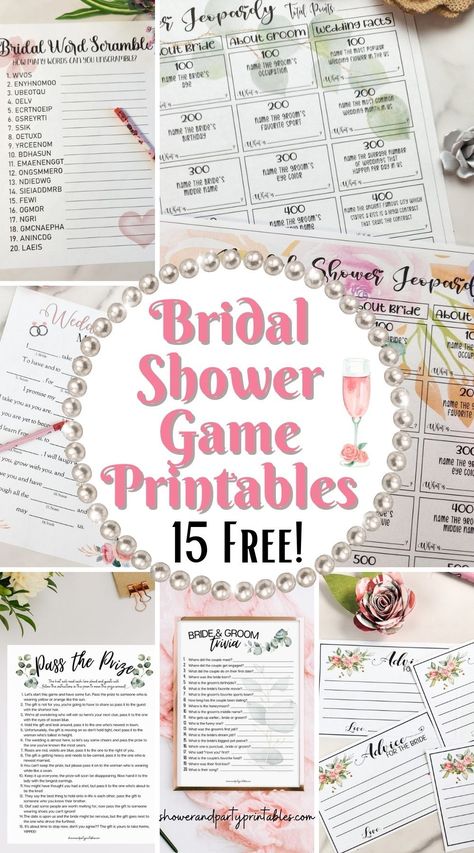 Make your job as a shower host easy with these free printable bridal shower games! Pick from 15 different fun wedding shower games to print and play. Bridal Shower Games Downloadable, Small Bridal Shower Games, Bridal Shower Games For Bride, Wedding Shower Games For Couples Free Printable, Bridal Shower Bucket List, Wedding Shower Checklist Party Planning, Couple Shower Games Wedding, Bridal Shower Photo Display Ideas, Best Wedding Shower Games