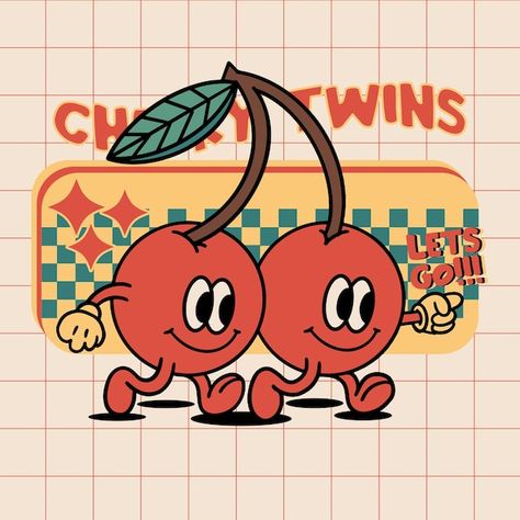 Fruit Character Design, Retro Cartoon Characters, Cherry Art, 70s Cartoons, Logos Vintage, Logos Retro, Wallpaper Retro, Logos Ideas, Rubber Hose