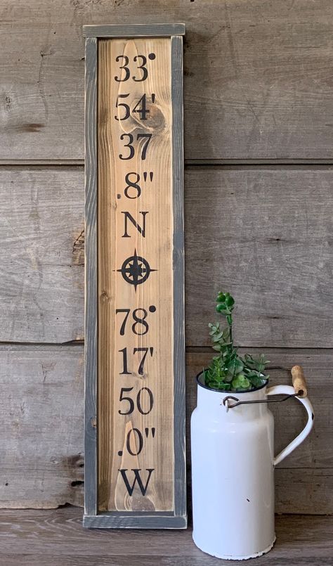 Wall Decor Farmhouse Style, Latitude Longitude Sign, Coordinates Sign, Rustic Wood Projects, Black Sign, Latitude And Longitude, Frame Sign, Wall Decor Farmhouse, Spartanburg Sc