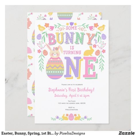 Easter, Bunny, Spring, 1st Birthday Invitation Spring 1st Birthday, Easter Birthday Invitations, Easter Birthday Party, Some Bunny Is One, Easter Bunny Girl, Easter Invitations, Spring Birthday, Invitation Suites, 1st Birthday Invitation