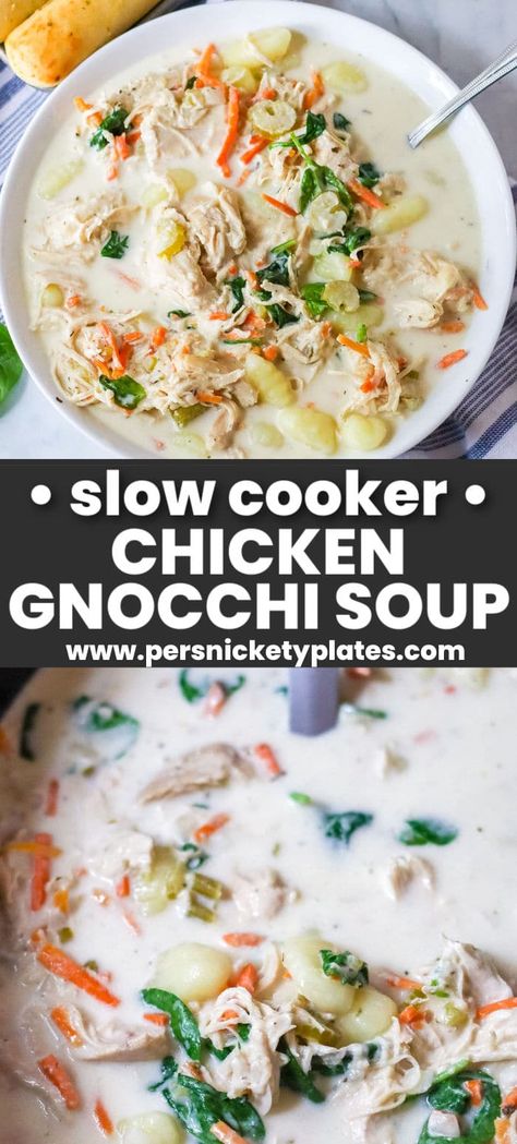 This creamy Slow Cooker Chicken Gnocchi Soup is an Olive Garden copycat recipe. Filled with shredded chicken, potato gnocchi, and spinach, this soup is super simple to throw together in the crockpot! Split Pea Soup Crockpot, Savory Soup Recipes, Olive Garden Chicken Gnocchi, Chicken Gnocchi Soup Recipe, Gnocchi Recipes Soup, Chicken Gnocchi Soup Olive Garden, Chicken Gnocchi, Chicken Gnocchi Soup, Gnocchi Soup