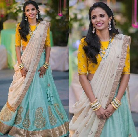 Pinterest: @pawank90 Sky Blue Combination Colours, Blue Lehenga Combination, Sky Blue Lehenga Combination, Jayanti Reddy Lehenga, Sky Blue Combination, Lehenga Combination, Sky Blue Lehenga, Jayanti Reddy, Half Saree Lehenga