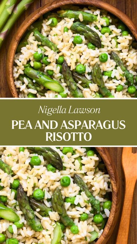 Nigella Pea And Asparagus Risotto Asparagus Risotto Recipes, Asparagus Rice, Tender Asparagus, Rice Sides, Asparagus Risotto, Nigella Lawson Recipes, Pickled Asparagus, Mediterranean Meals, Spring Peas