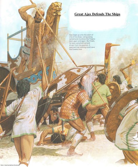 GREAT AJAX Defends The Ships. "...Ajax ready and waiting there  would stab each man with his long, rugged pike— twelve he impaled point-blank, struggling up the hulls." - Homer's Iliad, Book 15 (Peter Connolly/Robert Fagles/user: Aethon) Ancient Troy, Sea Peoples, Bronze Age Civilization, Greece Mythology, Ancient Greek Art, Ancient Warfare, Prehistoric Art, Greek Mythology Art, Roman Mythology