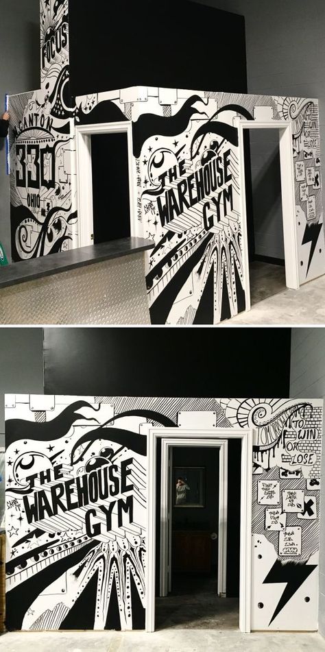 Mural by Tim Carmany at The Warehouse Training and Performance Gym Selfie Wall Ideas, Garage Mural Indoor, Home Gym Mural, Gym Mural Ideas, Gym Wall Art Graffiti, Gym Mural Wall Art, Gym Art Design, Gym Wall Mural, Gym Murals