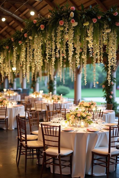 Elegant wedding reception with floral ceiling decor. Unlock a secret garden of enchanting wedding decor ideas that promise to transform your venue into a dreamy, botanical paradise. Magical Garden Wedding Theme, Flowers On Ceiling Wedding, Botanic Wedding Theme, Indoor Spring Wedding Reception, Whimsical Wedding Reception Decor, Indoor Nature Wedding, Whimsical Wedding Theme Indoor, Hanging Foliage Wedding, Indoor Floral Wedding