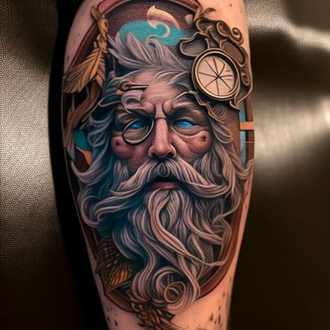 Father Time tattoo neotraditional Style realistic 01 Father Time Tattoo, Time Tattoo Ideas, Hairdresser Tattoos, America Theme, Hourglass Tattoo, Passage Of Time, Father Time, Tree Of Life Tattoo, Clock Tattoo