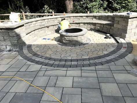 Patios, Fire Pits & Outdoor Kitchens Circle Patio Pavers, Circular Paver Fire Pit, Concrete Pad With Fire Pit, Pave Stone Fire Pit, Circle Paver Patio With Fire Pit, Round Pavers, Concrete Paver Patio, Stone Fire Pit, Hardscape Design