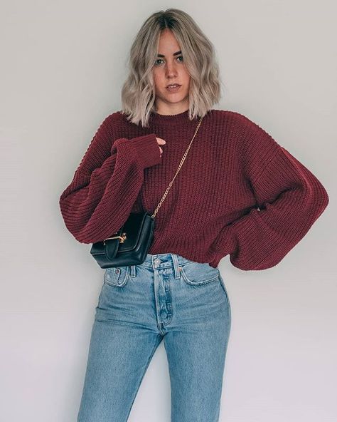 ★ LIAN GALLIARD on Instagram: “Can a knit ever be too oversized?!” Maroon Turtle Neck Outfit, Maroon Sweater Outfit, Christmas Sweater Outfits, Maroon Outfit, Knit Sweater Outfit, Casual Work Outfits Women, Turtleneck Outfit, Color Combinations For Clothes, Sweater Outfit