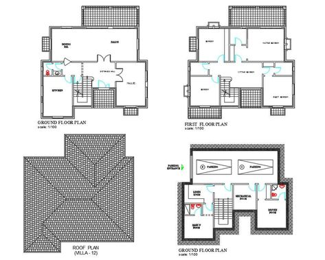 The file has the 2D Autocad model of Basement Plan, Ground floor plan, first floor plan and roof of villa. Download DWG file. - Cadbull House Projects Architecture, Linen Room, First Floor Plan, Cad Designer, Basement Plans, Maids Room, Kitchen Dinning Room, Yamaha Motorcycles, Drawing Block