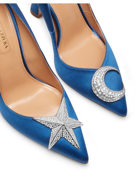 AQUAZZURA - Proust Pump 105 - COBALT BLUE - SATIN Girls Pumps, Crystal Pumps, Aquazzura Shoes, Footwear For Women, Luxury Footwear, Blue Accessories, Sparkling Stars, Nude Pumps, Satin Heels