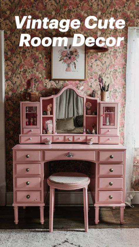 Add a touch of vintage charm to your cute room with a floral vanity setup and adorable trinkets. Perfect for a nostalgic and cute atmosphere. Pink Painted Furniture, Vanity Setup, Floral Vanity, Cute Room, Your Cute, Furniture Makeovers, Cozy Decor, Cute Room Decor, Dream Room