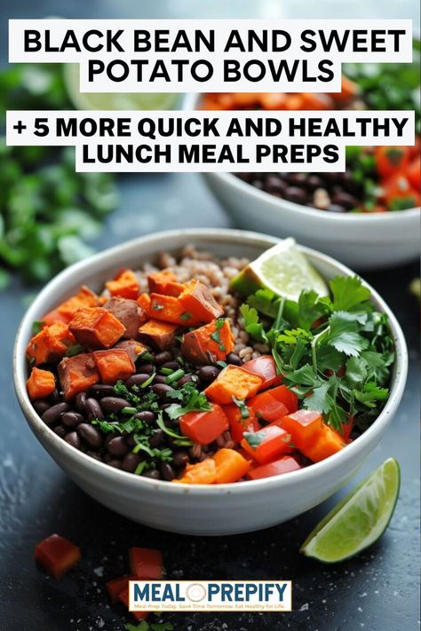 A vibrant bowl of black beans, sweet potatoes, and fresh cilantro for lunch meal preps for work. Sweet Potato Meal Prep Lunches, Meal Prep Potatoes, Sweet Potato Lunch Ideas, High Fiber Dinner, Black Bean And Sweet Potato, Bean And Sweet Potato, Potato Bowls, Meal Prep For Work, Greek Yogurt Chicken Salad