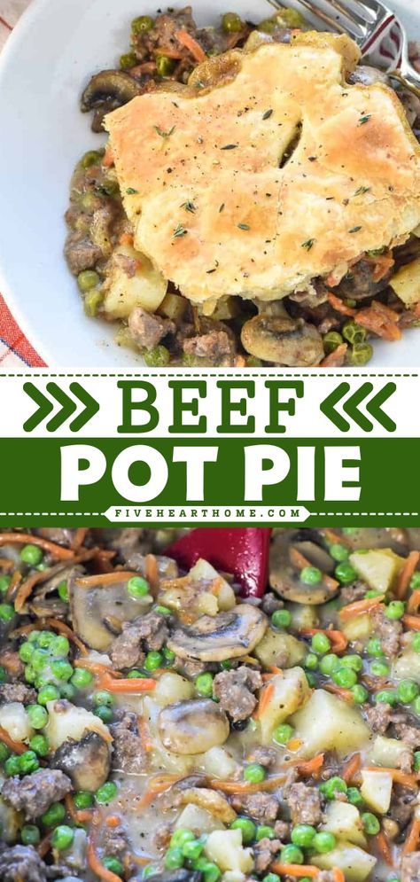 This family dinner recipe is so easy! It lets you have the perfect comfort food featuring ground beef and veggies. Complete with a thick, silky gravy and a flaky, buttery crust, this homemade beef pot pie is hearty and flavorful! Best Beef Pot Pie, Beef Pot Pie With Puff Pastry, Beef Pot Pie With Potatoes, Beef Pot Pies With Pie Crust, Savory Beef Pie, Ground Beef And Veggies, Beef Pot Pie Recipe, Beef And Veggies, Beef Pot Pie