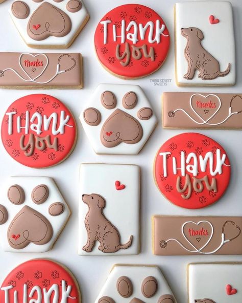 German Shepherd Royal Icing Cookies, Cookies Shaped Like Dogs, Pawprint Cookies Decorated, Dog Cutout Cookies, Veterinary Cookies Decorated, Cookies For Veterinarian, Vet Thank You Cookies, Vet Tech Cookies Decorated, Dog Theme Cookies Decorated