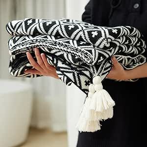 Black and White Throw Blankets, Decorative Knitted Patterned Blanket with Tassel, Lightweight Soft Throw Blanket for Sofa Couch Bed and Living Room, Boho Home Decor All Season, 50x70 inch Black And White Bedding, Living Room Boho, Aztec Blanket, Cozy Texture, White Throw Blanket, Patterned Chair, White Throw, White Throws, Knit Throw Blanket