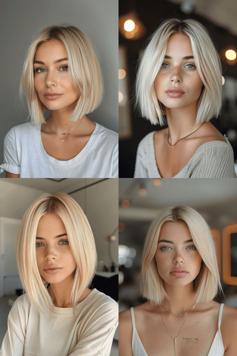 16+ Stunning Blunt Bob Hairstyles and Cuts Dominating This Year Medium Blond Haircut, Mid Length Blonde Bob, Bob Hairstyles 2024, Round Face Bob Haircut, 1990s Hair, Blonde Ideas, Modern Bob Hairstyles, Shoulder Length Blonde, Blonde Bob Hairstyles