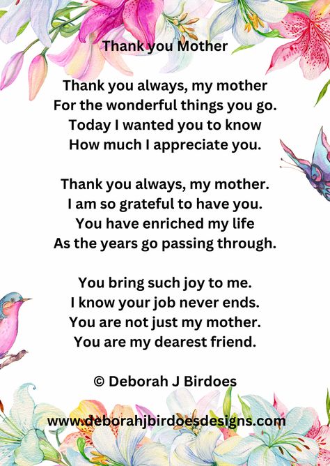 "Thank you Mother" is a beautiful poem honoring your mother's love and all that she does for you. It is a touching tribute celebrating her maternal support, appreciation and guidance. This beautiful poem comes with a stunning sterling silver with rhodium plating heart pendant with the words Thank you Mother antiqued on the side as a forever reminder  how much you appreciate her.  The pendant also comes with an 18 inch chain. #Mother's Day Gift #Heart Pendant Mother's Love, Poems Beautiful, Thank You Messages, I Appreciate You, I Am Grateful, Mothers Love, Wonderful Things, Mother's Day Gift, Dear Friend