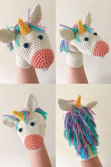 Hand Puppet Crochet, Unicorn Hand Puppet, Glove Puppets, Sew Baby, Crochet Phone Cases, Crochet Mobile, Puppet Patterns, Crochet Unicorn, Hand Puppet