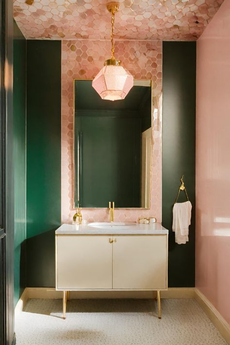 Pink Green Gold Bathroom, Vintage Pink Tile Bathroom Makeover, Sage Green And Pink Bathroom, Pink And Green Bathroom Ideas, Pink Tile Bathroom Makeover, Vintage Pink Tile Bathroom, Pink Green Bathroom, Bus Bathroom, Pink And Green Bathroom