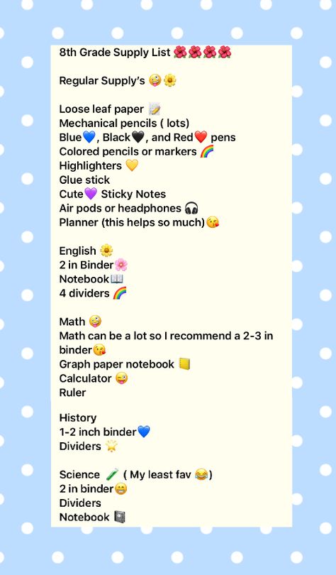 ❤️❤️🌸8th Grade 🤠😂🌸 Use these supply’s and you will survive 8th Grade Supplies List, 8th Grade Survival Kit, 8th Grade School Supplies List, Tips For 8th Grade, 8th Grade Aesthetic, 8th Grade Tips, Room Motivation, Clean Room Motivation, Room Cleaning Tips